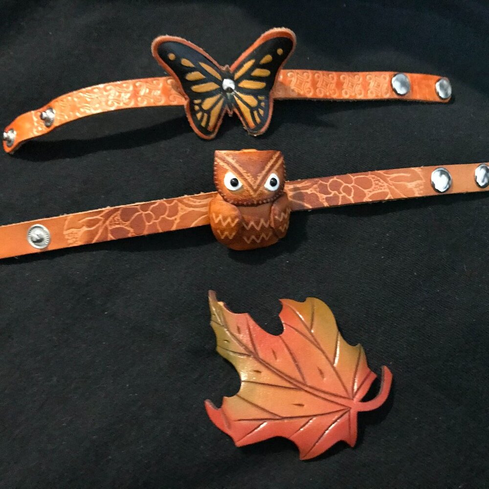 Leather Owl & Butterfly Leather Snap Bracelets w/Leather Leaf Pin - 70's Vibe